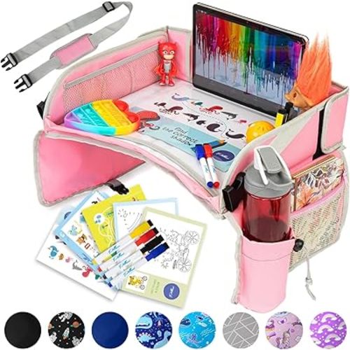 PILLANI Kids Travel Tray for Car - Car Seat Tray for Kids Travel, Road Trip Essentials, Carseat Table for Roadtrip Activities - Must Haves Toddler Lap Desk Organizer for Airplane - Car Accessories