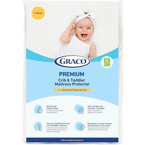 Graco Premium Waterproof Crib and Toddler Mattress Protector (1 Pack) – GREENGUARD Gold Certified, Machine-Washable & Dryer-Friendly, Waterproof Sleep Surface, Fits Crib & Mattress