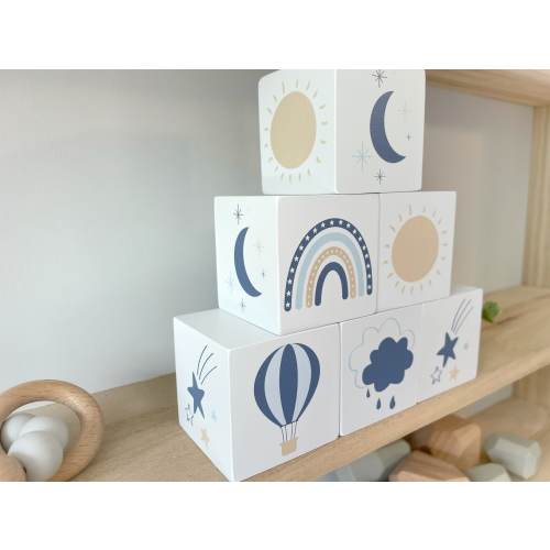 Baby Boy Nursery Décor for Modern Nursery - Hot Air Balloon, Moon, Stars, Clouds, Sun Baby Blocks