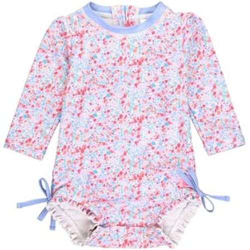 RuffleButts Baby Girls UPF 50+ Sun Protection Polka Dot Long Sleeve One Piece Rash Guard Swimsuit with Zipper