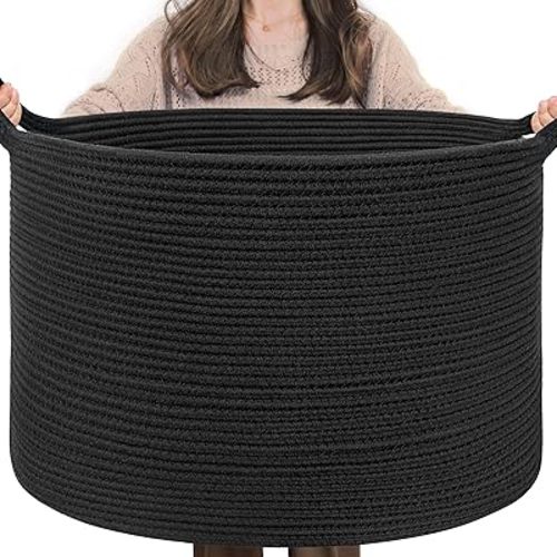 INDRESSME XXXLarge Blanket Basket 21.7" x 21.7" x 13.8" Woven Storage Baskets Soft Cotton Rope Toy Baskets Storage Kids Decorative Laundry for Home, Perfect for Living Room, Black