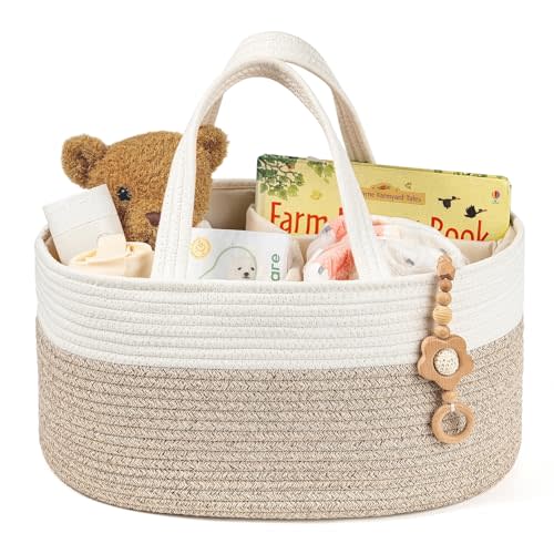 Diaper Caddy Organizer, Empty Gift Basket for Newborn Essentials, Baby Storage Basket, Stylish Gift Bag for Baby Shower, Boys and Girls – Extra Large, White and Beige Brown