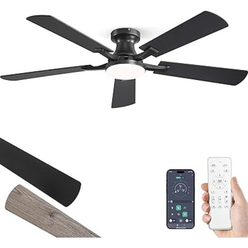 ZMISHIBO 52 Inch Ceiling Fan with Light, App&Remote Control, Flush Mount Low Profile, Dimmable 20W LED Light, Quiet Reversible Motor for Bedroom, Living Room, Apartment, Black