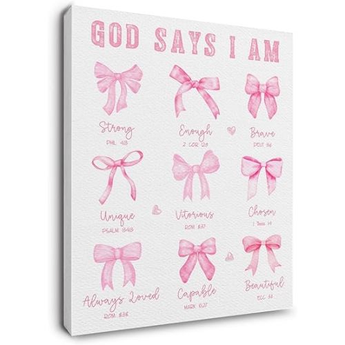 Ryeolo Coquette Pink Bow Christian Wall Art, God Says I am Bible Canvas Wall Art Poster, Bible Verses Wall Decor, Pink Christian Decor, Religious Bible Scripture Wall Decor Prints Framed 11x14 Inch