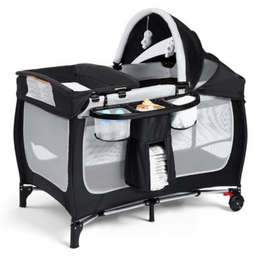 Kinder King 4-in-1 Portable Pack and Play with Bassinet, Changing Table, Adjustable Canopy, Storage Basket & Travel Bag – Infant to Toddler Playard