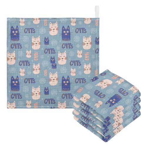 YETTASBIN Cute Cat Muslin Baby Hand Washcloths, Soft Cotton Bath Face Towel, 4 Layers Extra Absorbent Feeding Burp Cloth for Newborn Infant, 5 Pack