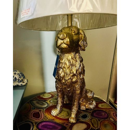 Golden Retriever Puppy Size Lamp In Metallic Brushed Gold Resin