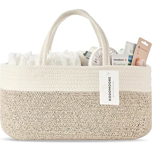 Diaper Caddy Organizer, Baby Storage Basket, Nursery Bin and Car Organizer for Diapers, Gift Basket for Baby Shower List or Newborn Essentials, Boys and Girls - White and Beige Brown