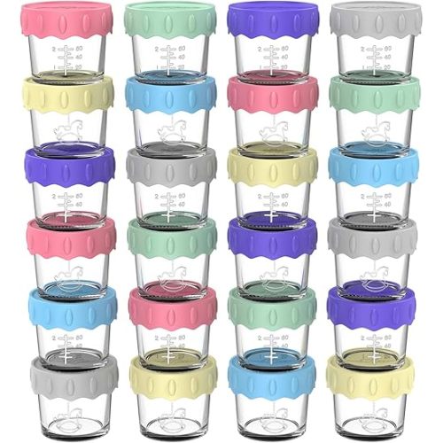 24-Pack Baby Food Storage Containers, 4 Oz Glass Baby Food Jars with Leak-proof Silicone Ring and Lid, Baby Food Containers Freezer Safe for Baby Food Maker, Microwave, Dishwasher