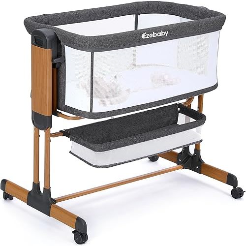 Ezebaby Baby Bassinet, Rocking Bassinet for Baby, Bedside Bassinet with Wheels, Storage Basket, Adjustable 7 Heights and All Mesh Sides, Portable Baby Bassinets Bedside Sleeper for Newborn Infant