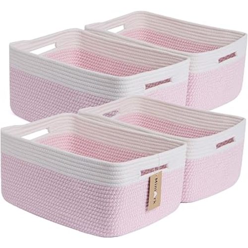 Large Storage Baskets for Organizing, Closet Shelf Baskets for Clothes Blanket Towels, Baby Nursery, Toy Bins Box, Woven Rope Baskets, 17 x 13 x 7.5”, 4 Packs Woven Pink