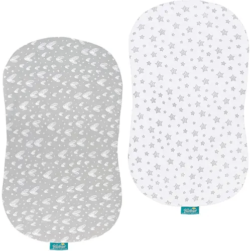 Bassinet Sheets Compatible with Halo Bassinest Swivel, Flex, Glide, Premiere & Luxe Series Sleeper, 2 Pack, 100% Jersey Knit Cotton Sheets, Breathable and Heavenly Soft, Grey and White Print for Baby