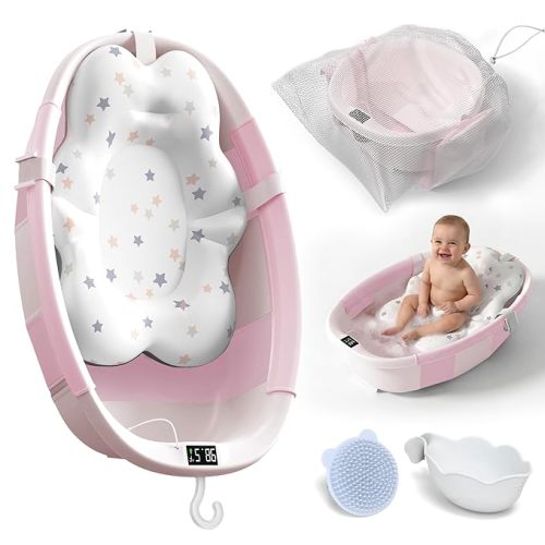 Collapsible Baby Bathtub - Large Baby Bath Tub with Thermometer | Bath Essential Bañera para Bebe Easy Fold Baby Tub | Travel Infant Newborn Toddler Bathtub for Baby Girl Boy 0 to 36 Months (Pink)