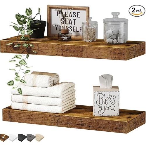 QEEIG Bathroom Floating Shelves for Wall Mounted Shelf Over Toilet Farmhouse Home Decor Display Shelving Small 16 inch Set of 2, Rustic Brown (008-40BN)