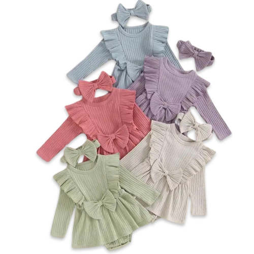 2pcs Bow A-line Ribbed Set - Tiny Tiny Tots