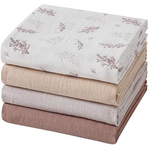 Muslin Swaddle Blankets for Boys and Girls, Soft Cotton Baby Swaddle Blankets for Unisex, 47 X 47 inches Muslin Swaddles, 4 Pack Leaves & Warmth Colors