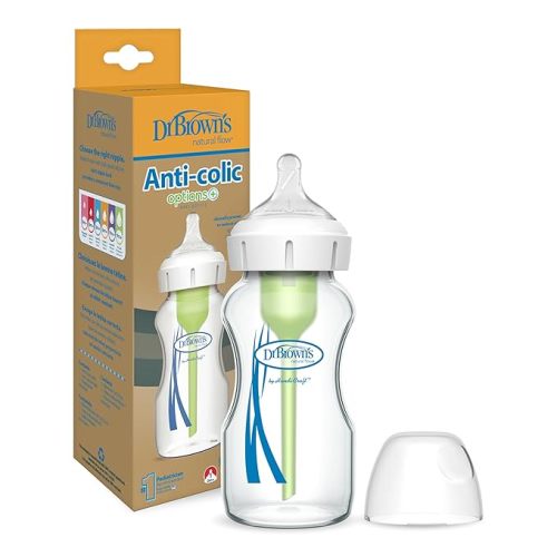Dr. Brown's Natural Flow Anti-Colic Options+ Wide-Neck Glass Baby Bottle 9 oz/270 mL,with Level 1 Slow Flow Nipple,1 Pack,0m+