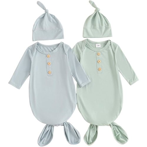 Merqwadd Newborn Knotted Gown 2 Pack Plain Sleeper for Baby Boy Girl Coming Home Outfit
