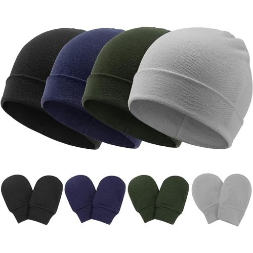 BQUBO Baby Hats and Mittens Infant Cotton Beanie Gloves No Scratch Set Newborn Hospital Hat for Boys Girls - 4 Sets: Navy Blue/Army Green/Light Grey/Black(0-6 Months)