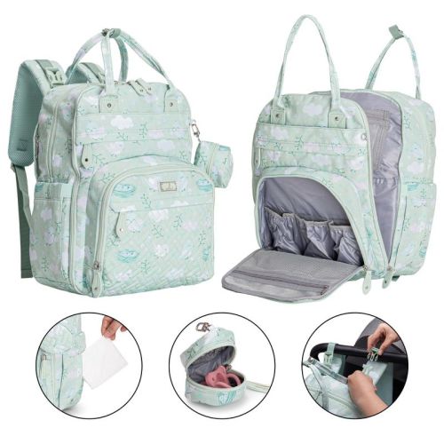 BabbleRoo Original Diaper Bag Backpack Stylish Hands-Free Baby Bag with Changing Pad, Stroller Straps & Water-Resistant Pañaleras , Green Birdy