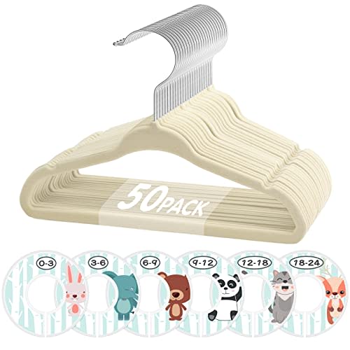 Baby Hangers, VIS'V 11 Inch Beige Velvet Kids Hangers with 6 Pcs Size Dividers Non Slip Nursery Children Closet Clothes Hangers for Infant Toddler Girls and Boys - 50 Pcs