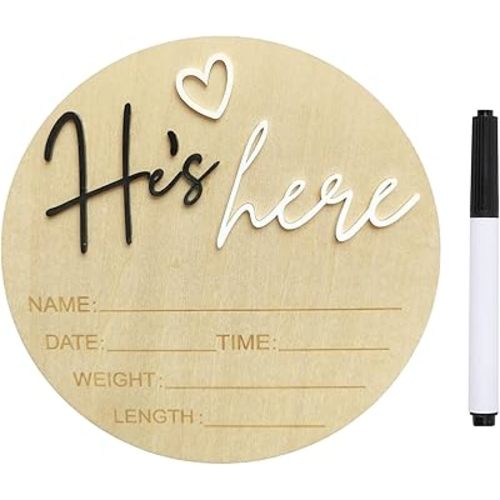 Baby Announcement Sign, ​5.9 Inch Wooden Hello World Newborn Signs, Birth Announcement Sign, Gender Reveal Signs, He's here Decoration, Welcome Newborn Arrival To World, Hospital Nursery for Baby (Black He's)