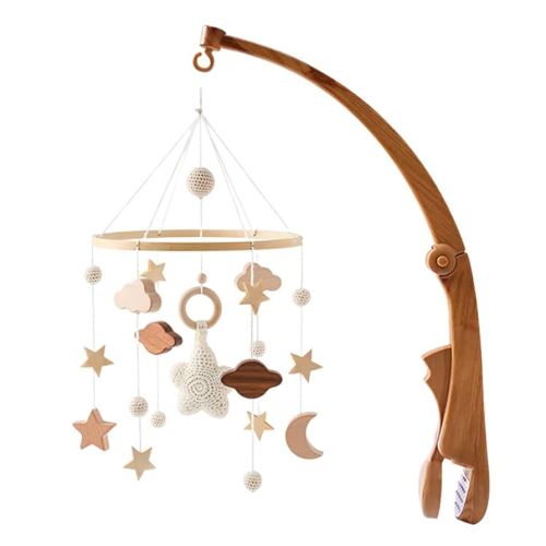 Mobile Wooden Arm, Newborn Wind Bell Hanging Tinkling Star Shape Infant Crib Bell Rotating Music Rattle for All Cribs Nusery Decor Baby Room Safe Holder, Pattern 3