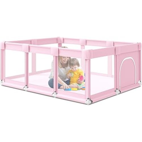 Baby Playpen, Large playpen 74 x 50 inch, Playpen for Babies and Toddlers with Gate, Safety Baby Activity Center for Indoor & Outdoor (Pink)