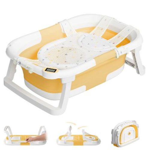 TUMAJUP Collapsible Baby Bathtub for Infants and Toddlers with Bath Net and Thermometer-Yellow
