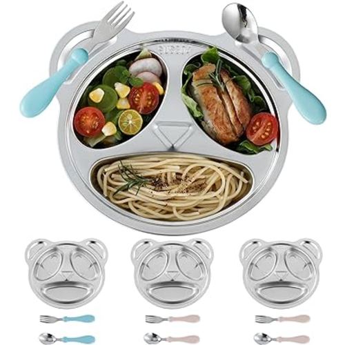 Set of 4 Stainless Steel Divided Plates and utensils for kids,3 Compartment Toddler Plate Metal Kid Dinner Tray BPA Free, Cute Panda Shape Toddlers Dishes Dinnerware Picky Eater bowls