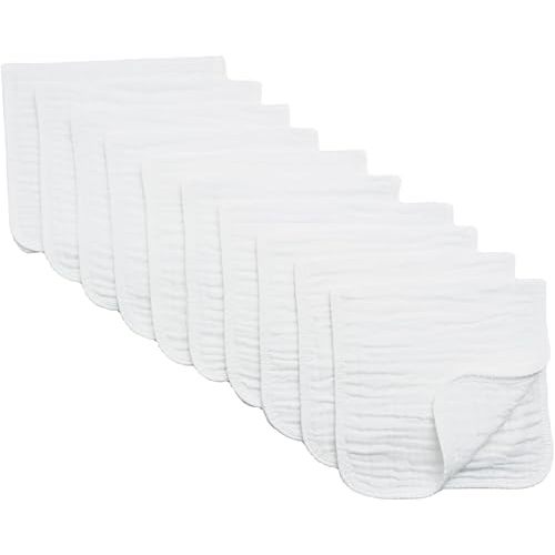 Synrroe Burp Cloths Large, Muslin Burp Cloths for Baby Girls and Boys, Pack of 10 Extra Absorbent and Soft Muslin Bibs, 6 Layers 20 by 10 Inches 100% Cotton (White 10 Pack)