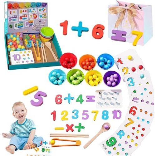 Montessori Arithmetic Math Toy Set - Beads, Chopsticks & Spoons, Silicone Digital Learning with Beads, Montessori Math Beads Counting Toy for Interactive Learning (1Set)