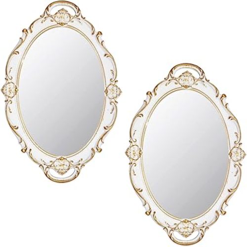 Eaoundm 14.5 x 10 inchs Oval Antique Decorative Wall Mirror Vintage Hanging Mirror (White 2 Pcs)