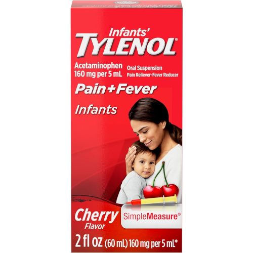 Infants' Tylenol Liquid Pain Reliever and Fever Reducer Medicine, Acetaminophen Oral Suspension for Sore Throat, Headache & Teething, Kids Fever Reducer; Dye-Free Cherry Flavor, 2 fl oz, Pack of 1