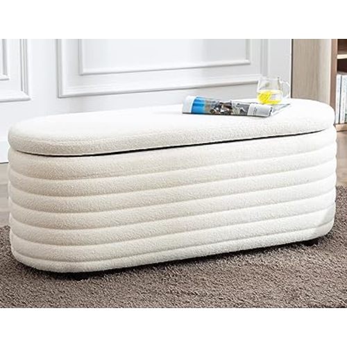 45.5 Inch Storage Ottoman Bench Upholstered Faux Fur Bedroom Benches for Living Room/Bedroom & Hallway, Tufted Foot of Bed Bench Footrest Stool with Foam Padded Seat, Fur White