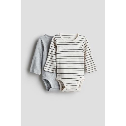 2-pack Long-sleeved Bodysuits, Round Neck, Long sleeve, Light gray/striped