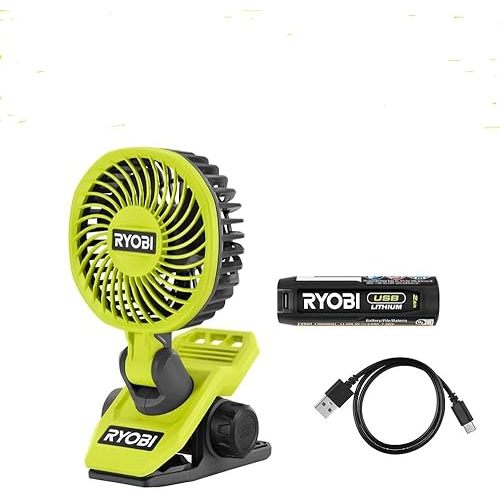 RYOBI USB Lithium Clamp Fan Kit with 2.0 Ah USB Lithium Battery and Charging Cable, GREEN