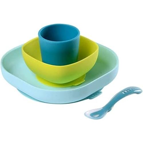 BEABA Silicone 4-Piece Meal Set - Easy to Clean - Dishwasher and Microwave Safe - Soft, Unbreakable, Non-slip Suction Bottom - Includes Plate, Bowl, Cup and 2nd Stage Silicone Spoon (Peacock)