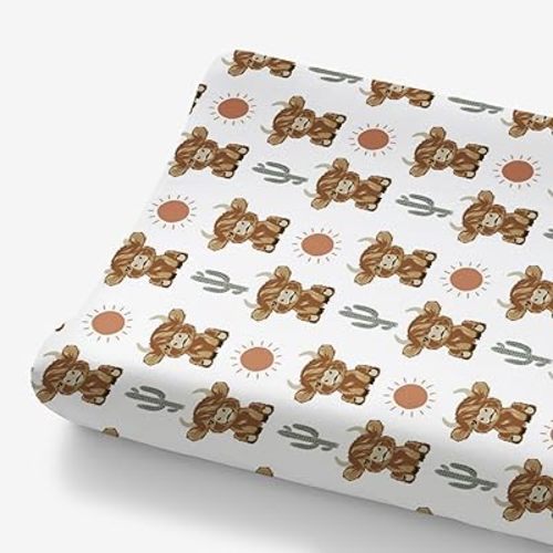 HawSkgFub Highland Cow Boho Cactus Sun Changing Pad Cover for Baby Girls Boys, Western Hyland Cattle Diaper Change Table Covers, Soft Stretchy Safe Snug Fitted Changing Mat Sheets Fit 32"/34" x 16"