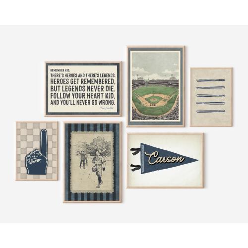 Baseball Art Boys Room Set of 6 Gallery Wall Baseball Quote Wall Art Custom Name Pennant Flag Printable Sports Nursery Boho Boys Room Decor