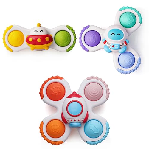 LiKee Strong Suction Cup Fidget Spinnerz Sensory Bath Toys for Baby 12 18 Months Airplane Car Travel Table & Window Toys for 1 2 Years Old Toddler Boys and Girls (Space-1)