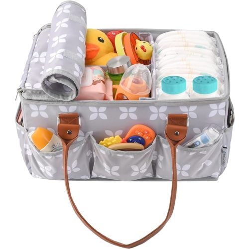 Moteph Diaper Caddy Organizer - Baby Caddy with Lid & Changing Mat, Car Diaper Caddy, Large Nursery Storage Diaper Tote Basket for Changing Table with Zip-Top Cover, Great for Baby Showers - Grey