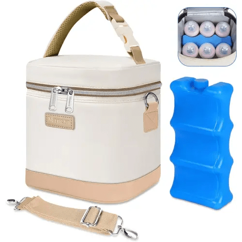 Mancro Insulated Baby Bottle Cooler Bag with Ice Pack, Breastmilk Storage Tote Fits 6 x 9oz Bottles, Waterproof Bottle Bag Companion for Breastfeeding Moms,Cream & Light Brown