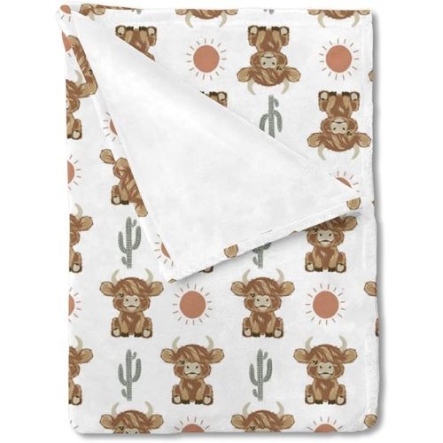 HawSkgFub Highland Cow Boho Cactus Sun Baby Blanket Boy Girl Gift Neutral, Western Hyland Cattle Flannel Fleece Nursery Bed Blankets, Soft Lightweight Newborn Infant Toddler Kids Crib Bedding 30 x 40
