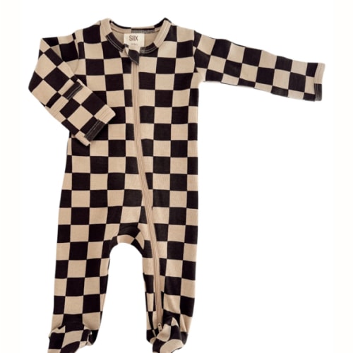 Tiramisu/Black Checkerboard / Organic Zip Footie – SpearmintLOVE