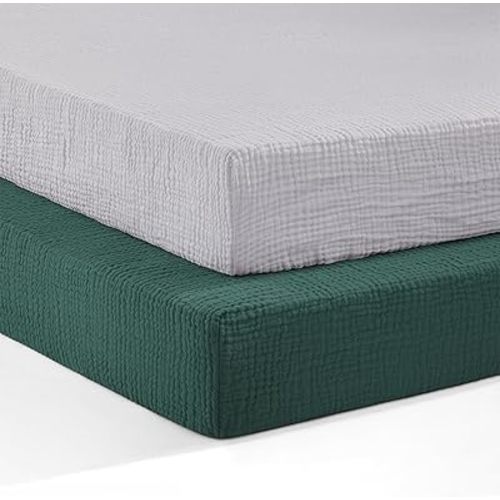 Pro Goleem Muslin Pack n Play Sheets for Boys and Girls, Soft Breathable Cotton Fitted Mini Crib Sheets, Neutral Baby Sheets for Playard Mattress, 2 Pack (Grey＆Green)