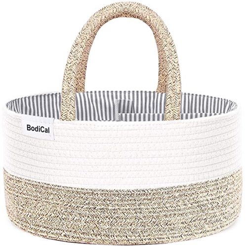 Baby Diaper Caddy Organizer - 100% Cotton Rope Nursery Diaper Storage Basket Diaper Storage Bin for Diaper Wipes Toys Baby Essentials - Brown - Beige and brown