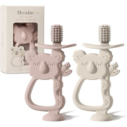 Moonkie Teething Toy Set of 2, Safe & Easy to Hold BPA Free Silicone Teethers, 360° Baby Toothbrush with Suction Base, Teether Toys Best for Babies 6-12 Months (Koala Blush/Shifting Sand)