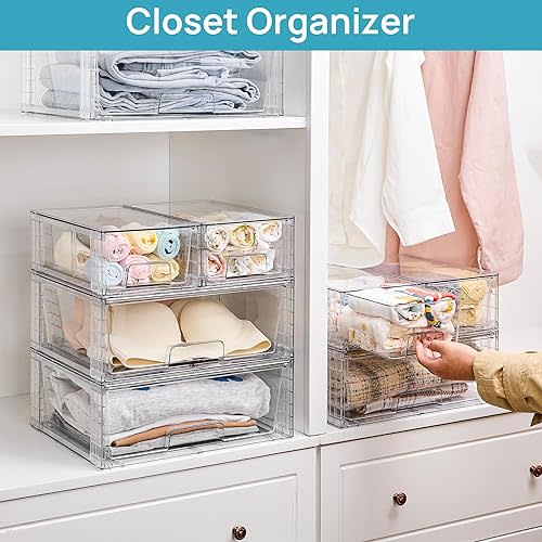 Vtopmart Clear Stackable Storage Drawers Set of 6, Easily Assemble Acrylic Bathroom Undersink Organizers,Plastic Storage Bins for Closet,Cabinet,Pantry,Medicine Organization