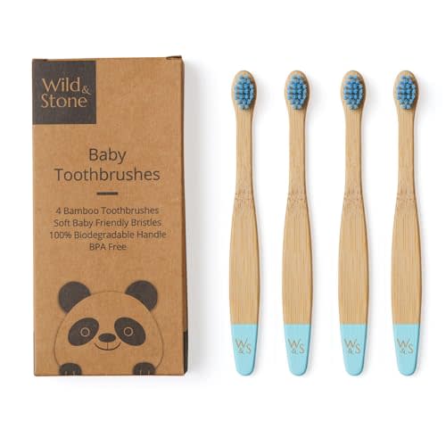 Wild & Stone Organic Baby Bamboo Toothbrushes | 4 Pack | Soft Bristles | 100% Compostable Handle | BPA Free | Vegan Baby Toothbrushes (Baby Blue)